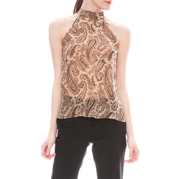 NILI LOTAN Vara Halter Top Womens 4 Tan Brown Paisley Printed Sheer Silk Mock - Picture 1 of 16